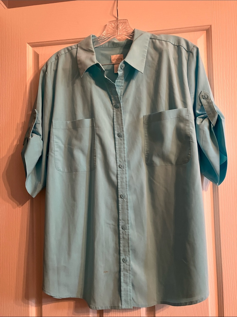 Chico's Aqua Button-Down Short Sleeve Shirt